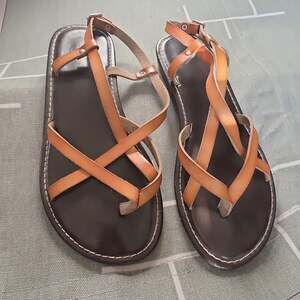 Women's Tan Leather Strappy Flat Sandals with Ankle Buckle